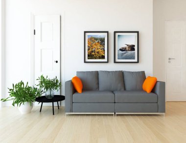 Ahşap zemin ve dekor kanepe ile İskandinav oturma odası iç fikri. Ev nordik iç. 3d illüstrasyon