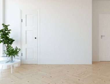 Ahşap zemin ve büyük duvar üzerinde vazolar ile boş İskandinav oda iç fikri. Arka plan iç. Ev nordik iç. 3d illüstrasyon