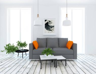 Ahşap zemin ve dekor kanepe ile İskandinav oturma odası iç fikri. Ev nordik iç. 3d illüstrasyon