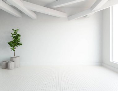 Ahşap zemin ve büyük duvar üzerinde vazolar ile boş İskandinav oda iç fikri. Arka plan iç. Ev nordik iç. 3d illüstrasyon