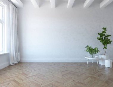 Ahşap zemin ve büyük duvar üzerinde vazolar ile boş İskandinav oda iç fikri. Arka plan iç. Ev nordik iç. 3d illüstrasyon