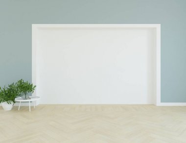 Ahşap zemin ve büyük duvar üzerinde vazolar ile boş İskandinav oda iç fikri. Arka plan iç. Ev nordik iç. 3d illüstrasyon