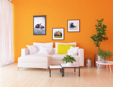 Ahşap zemin ve dekor kanepe ile İskandinav oturma odası iç fikri. Ev nordik iç. 3d illüstrasyon