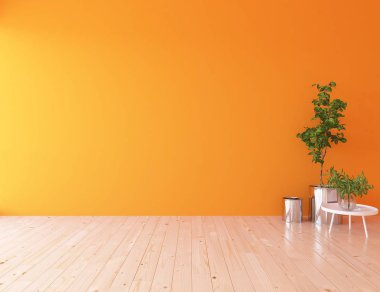 Ahşap zemin ve büyük duvar üzerinde vazolar ile boş İskandinav oda iç fikri. Arka plan iç. Ev nordik iç. 3d illüstrasyon