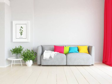 Ahşap zemin ve dekor kanepe ile İskandinav oturma odası iç fikri. Ev nordik iç. 3d illüstrasyon