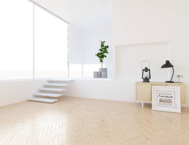 Ahşap zemin ve büyük duvar üzerinde şifonyer ile boş skandinavain oda iç fikri. Arka plan iç. Ev nordik iç. 3d illüstrasyon