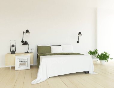 İskandinav yatak odası iç fikri. İskandinav ev iç. 3d illüstrasyon - İllüstrasyon