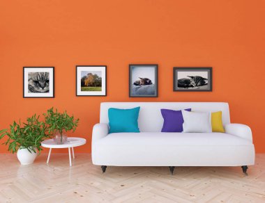 Ahşap zemin ve dekor kanepe ile İskandinav oturma odası iç fikri. Ev nordik iç. 3d illüstrasyon