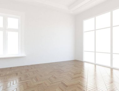 Ahşap zemin ile boş bir İskandinav oda iç fikri . Ev nordik iç. 3d illüstrasyon