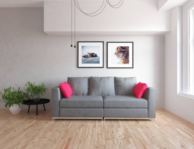 Ahşap zemin ve dekor kanepe ile İskandinav oturma odası iç fikri. Ev nordik iç. 3d illüstrasyon