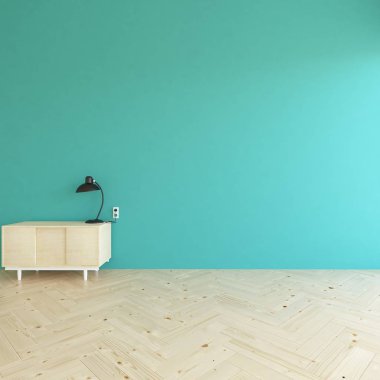 Ahşap zemin ve büyük duvar üzerinde şifonyer ile boş skandinavain oda iç fikri. Arka plan iç. Ev nordik iç. 3d illüstrasyon