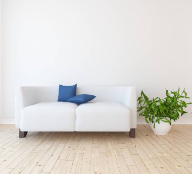 Ahşap zemin ve dekor kanepe ile İskandinav oturma odası iç fikri. Ev nordik iç. 3d illüstrasyon