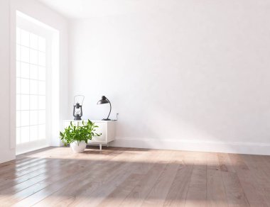 Ahşap zemin ve büyük duvar üzerinde şifonyer ile boş skandinavain oda iç fikri. Arka plan iç. Ev nordik iç. 3d illüstrasyon