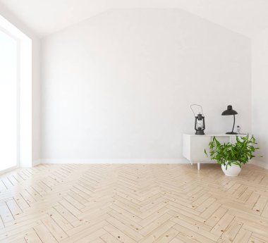 Ahşap zemin ve büyük duvar üzerinde şifonyer ile boş skandinavain oda iç fikri. Arka plan iç. Ev nordik iç. 3d illüstrasyon