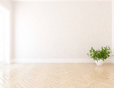 Ahşap zemin ve büyük duvar üzerinde vazo ile boş İskandinav oda iç fikri. Arka plan iç. Ev nordik iç. 3d illüstrasyon