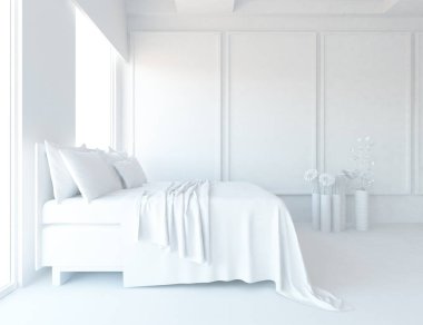 İskandinav yatak odası iç fikri. İskandinav ev iç. 3d illüstrasyon