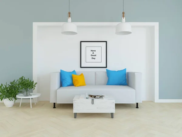 Ide Interior Ruang Tamu Skandinavia Dengan Sofa Lantai Kayu Dan — Stok Foto