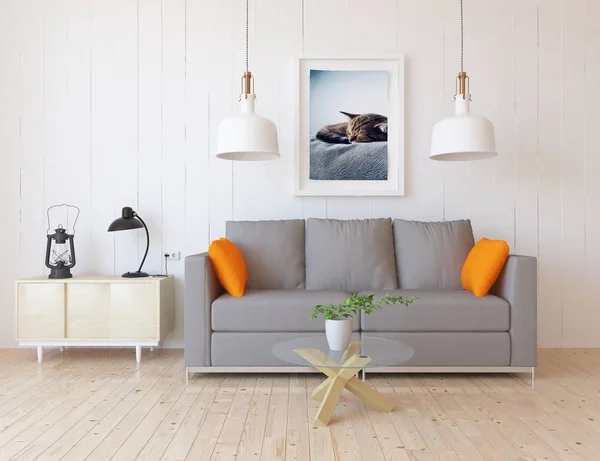 Idea of  scandinavian living room interior with sofa on the wooden floor and decor. Home nordic interior. 3D illustration