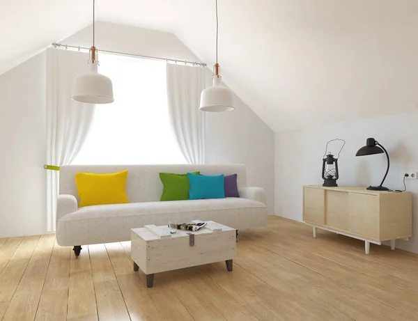 Idee Skandinavischer Wohnzimmereinrichtung Mit Sofa Auf Dem Holzboden Und Dekor — Stockfoto