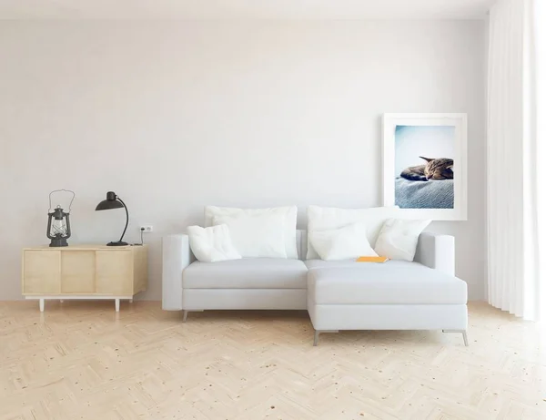 Idea of  scandinavian living room interior with sofa on the wooden floor and decor. Home nordic interior. 3D illustration