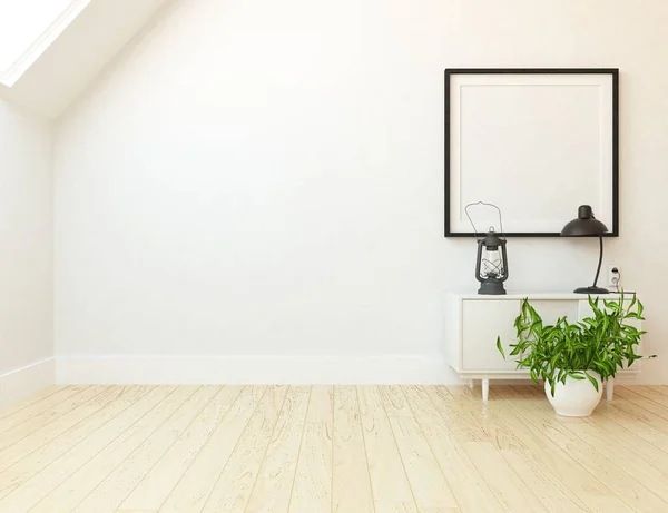 Idea of empty scandinavain room interior with dresser on the wooden floor and large wall. Background interior. Home nordic interior. 3D illustration