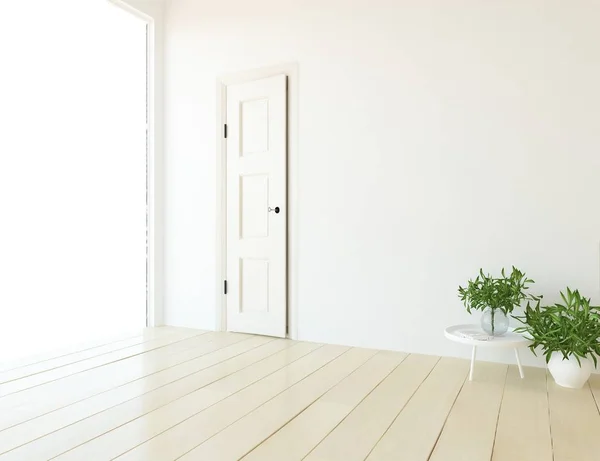木製の床と大きな壁に花瓶と空のスカンジナビアの部屋のインテリアのアイデア 背景の内部 ホームノルディックインテリア 3Dイラスト — ストック写真