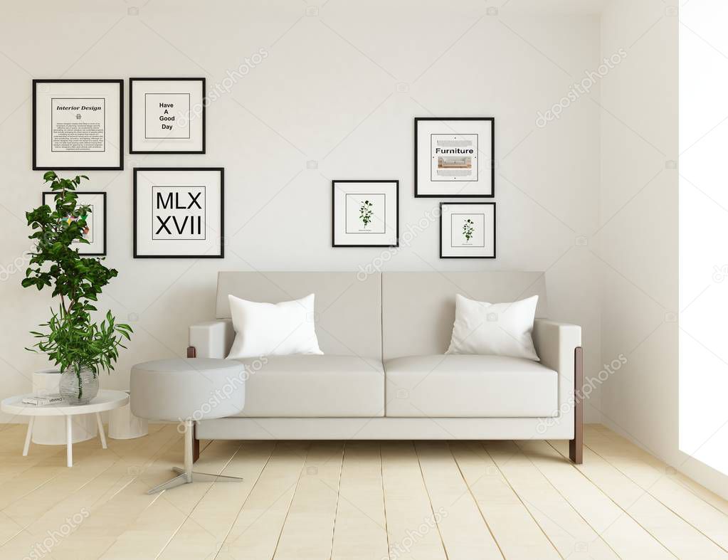Idea of  scandinavian living room interior with sofa on the wooden floor and decor. Home nordic interior. 3D illustration