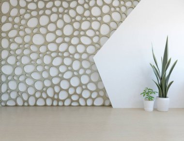 Beyaz minimalist oda bitkilerle dolu. İç kısımları kuzeyli. 3B illüstrasyon
