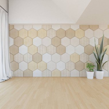 Beyaz minimalist oda bitkilerle dolu. İç kısımları kuzeyli. 3B illüstrasyon