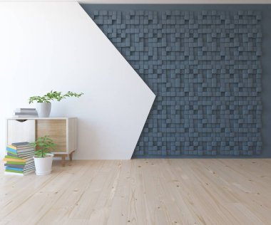 Ahşap zeminde mobilyaları olan beyaz minimalist bir oda. İç kısımları kuzeyli. 3B illüstrasyon