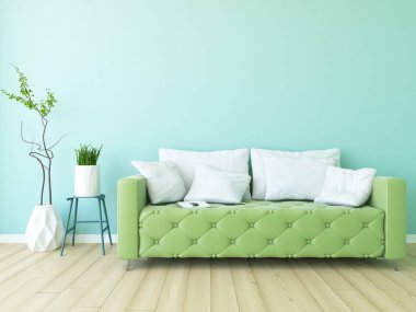Ahşap zeminde mobilyaları olan beyaz minimalist bir oda. İç kısımları kuzeyli. 3B illüstrasyon