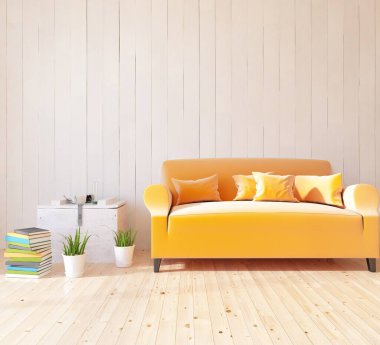 Ahşap zeminde mobilyaları olan beyaz minimalist bir oda. İç kısımları kuzeyli. 3B illüstrasyon