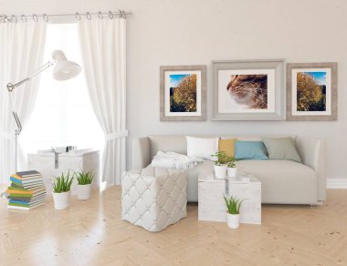 Ahşap zeminde mobilyaları olan beyaz minimalist bir oda. İç kısımları kuzeyli. 3B illüstrasyon