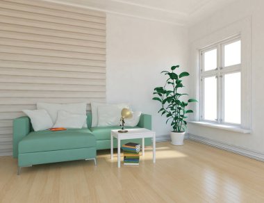 Beyaz minimalist oda, ahşap zeminde mobilyalar, büyük bir duvarda çerçeveler, penceresinde beyaz manzara. İç kısımları kuzeyli. 3B illüstrasyon