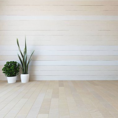 Beyaz minimalist oda bitkilerle dolu. İç kısımları kuzeyli. 3B illüstrasyon