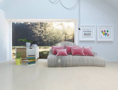 Beyaz minimalist oda, ahşap zeminde mobilyalar, büyük bir duvarda çerçeveler, penceresinde beyaz manzara. İç kısımları kuzeyli. 3B illüstrasyon