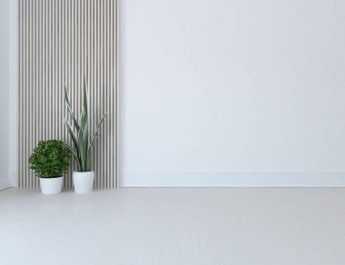 Ahşap zeminde vazoları olan boş, minimalist bir oda. Arkaplan iç mimarisi. İç kısımları kuzeyli. 3B illüstrasyon