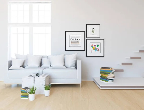 Interior Quarto Minimalista Branco Com Móveis Piso Madeira Casa Interior — Fotografia de Stock