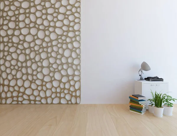 木製の床に家具付きの白いミニマリストルームのインテリア 家の北欧インテリア 3Dイラスト — ストック写真