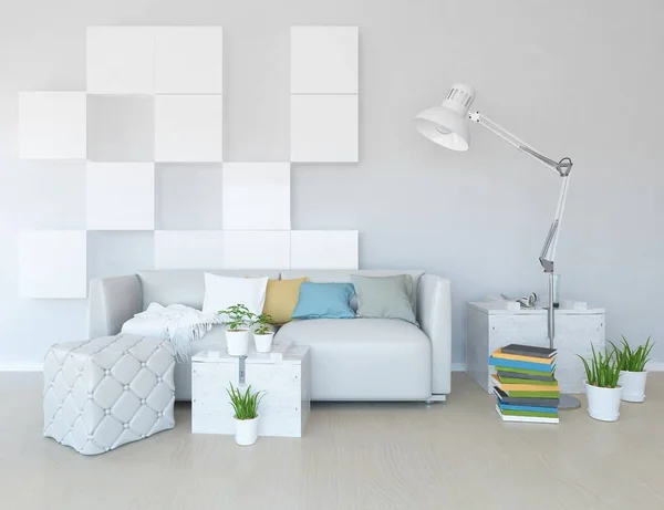 Interno Minimalista Bianco Con Mobili Pavimento Legno Home Interno Nordico — Foto Stock