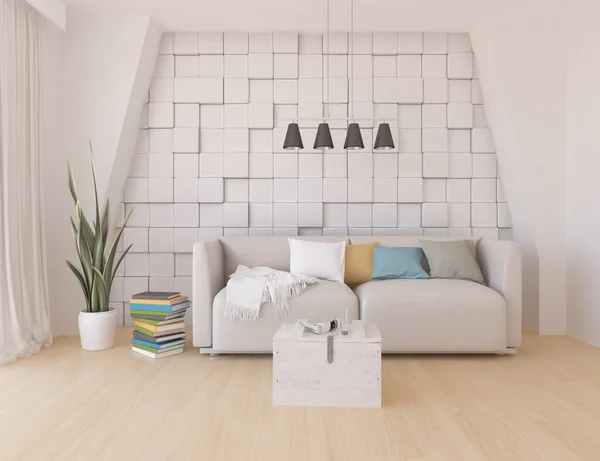 Interior Habitación Minimalista Blanco Con Muebles Piso Madera Inicio Interior —  Fotos de Stock