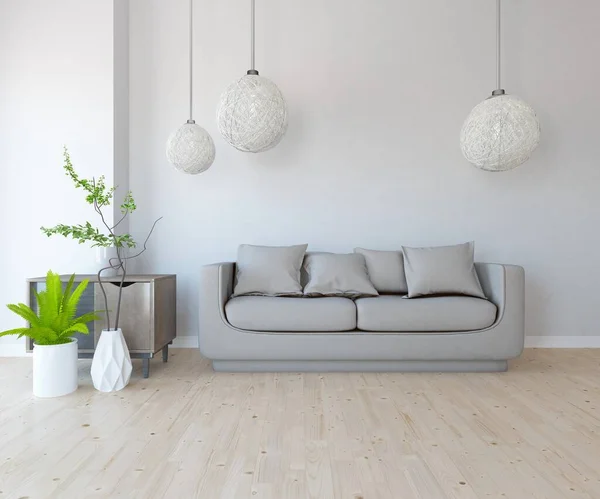 Intérieur Minimaliste Blanc Avec Des Meubles Sur Sol Bois Intérieur — Photo