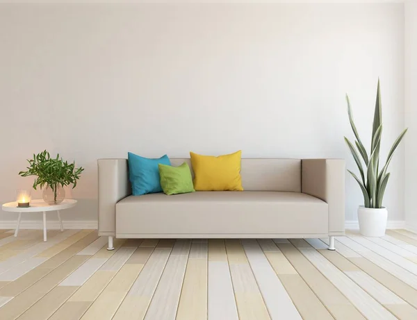 Interior Habitación Minimalista Blanco Con Muebles Piso Madera Inicio Interior — Foto de Stock