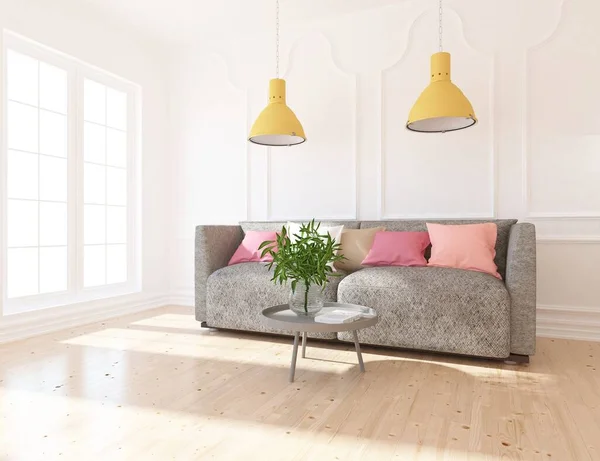 White minimalist room interior with furniture on a wooden floor. Home nordic interior. 3D illustration