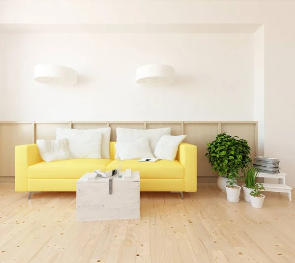 Intérieur Minimaliste Blanc Avec Des Meubles Sur Sol Bois Intérieur — Photo