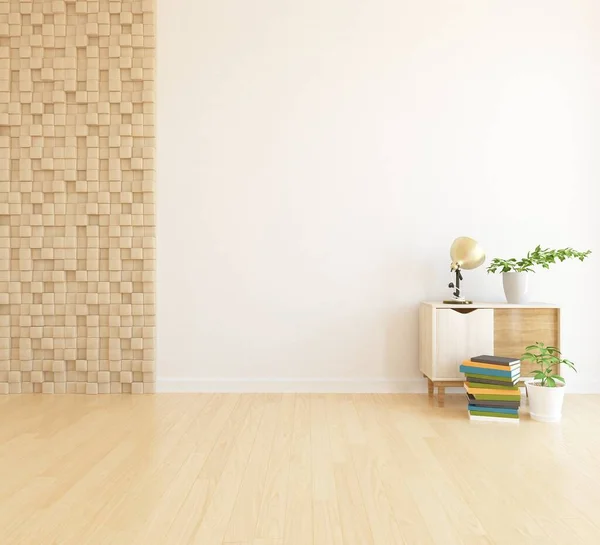 白色简约的房间内部 家具在木制地板上 家里的北欧内陆 3D插图 — 图库照片