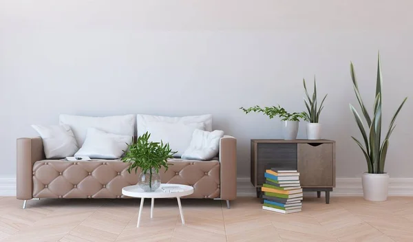 Blanco Minimalista Interior Habitación Con Muebles Suelo Madera Marcos Inicio —  Fotos de Stock