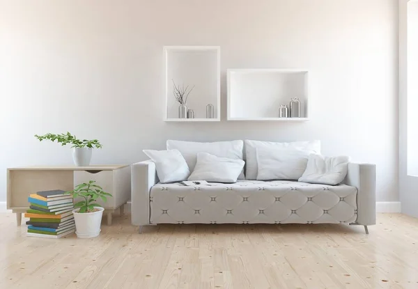 Interior Ruangan Minimalis Putih Dengan Furnitur Rumah Pedalaman Nordik Ilustrasi — Stok Foto
