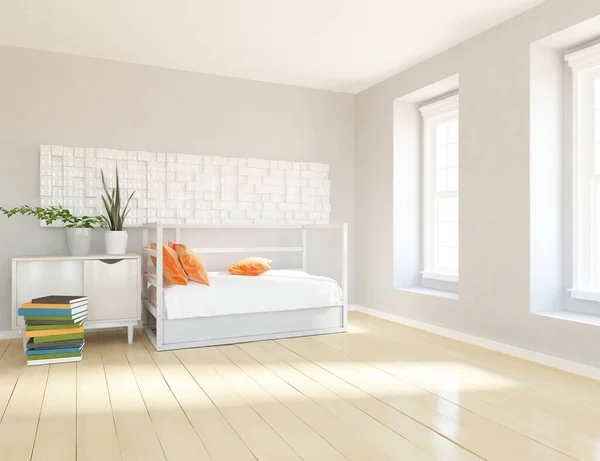 Weiße Minimalistische Raumausstattung Mit Möbeln Auf Holzboden Weiße Landschaft Fenster — Stockfoto