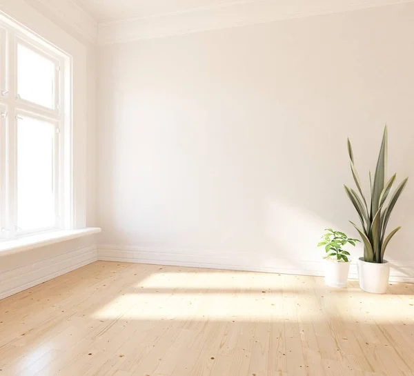 白色简约的房间内部 木地板上有植物 窗户上有白色的风景 家里的北欧内陆 3D插图 — 图库照片